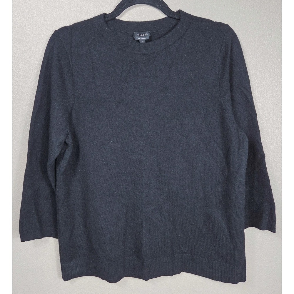 Talbots 100% Cashmere Sweater XL Black 3/4 Sleeve Crewneck Lightweight
